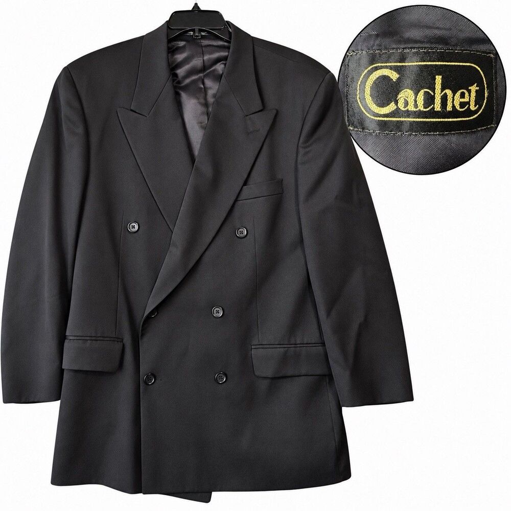 Vintage 90s Cachet Mens 46R Black Wool Double Breasted Blazer Made Canada